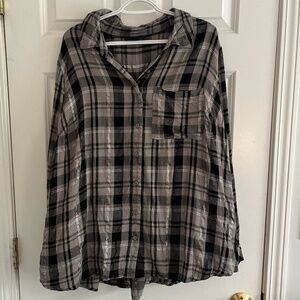 Lane Bryant Grey, Black, & Metallic Button Up Plaid Long Sleeve, Pocket, 22/24
